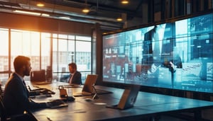 a consultant on a conference call with a big screen, in an industrial office setting